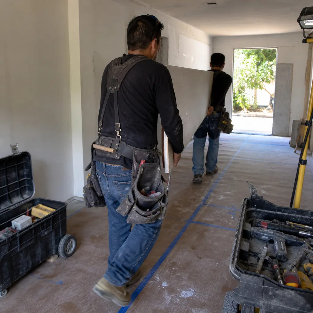 General contractors carrying building materials during a residential renovation project.