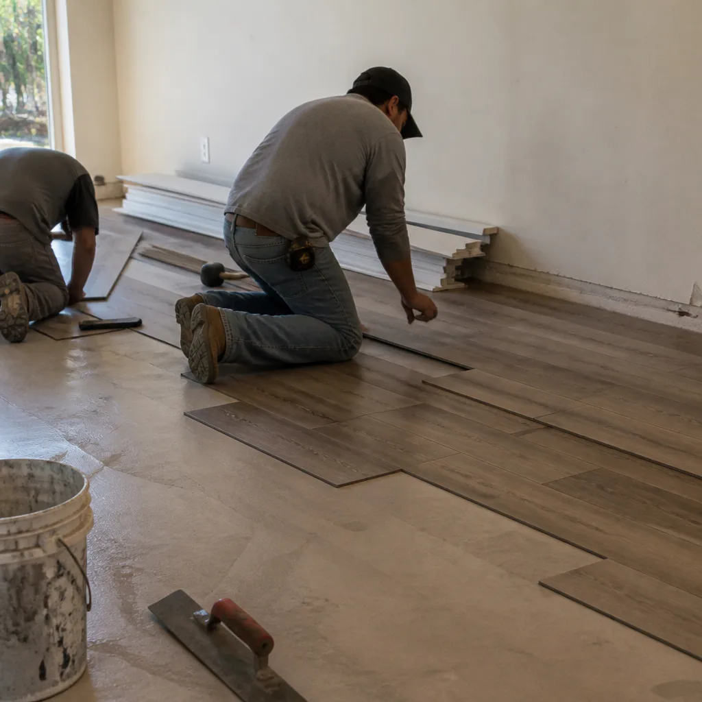 Professional contractors installing hardwood flooring in a home remodeling project