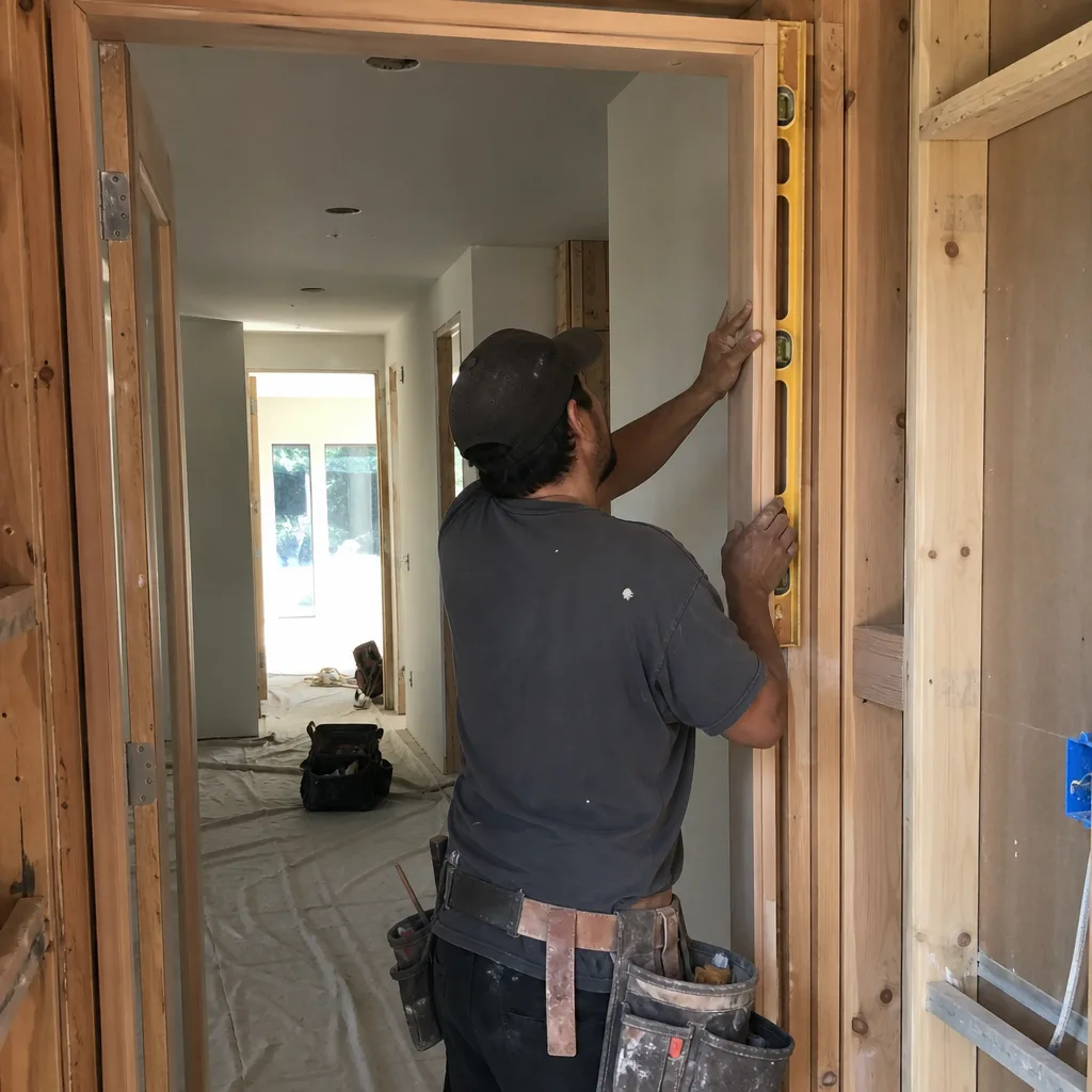 Contractor using a level to install a wooden door frame