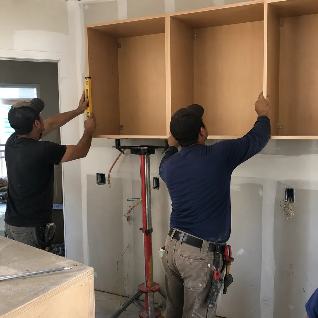 Two professional contractors installing kitchen cabinets during a home renovation.