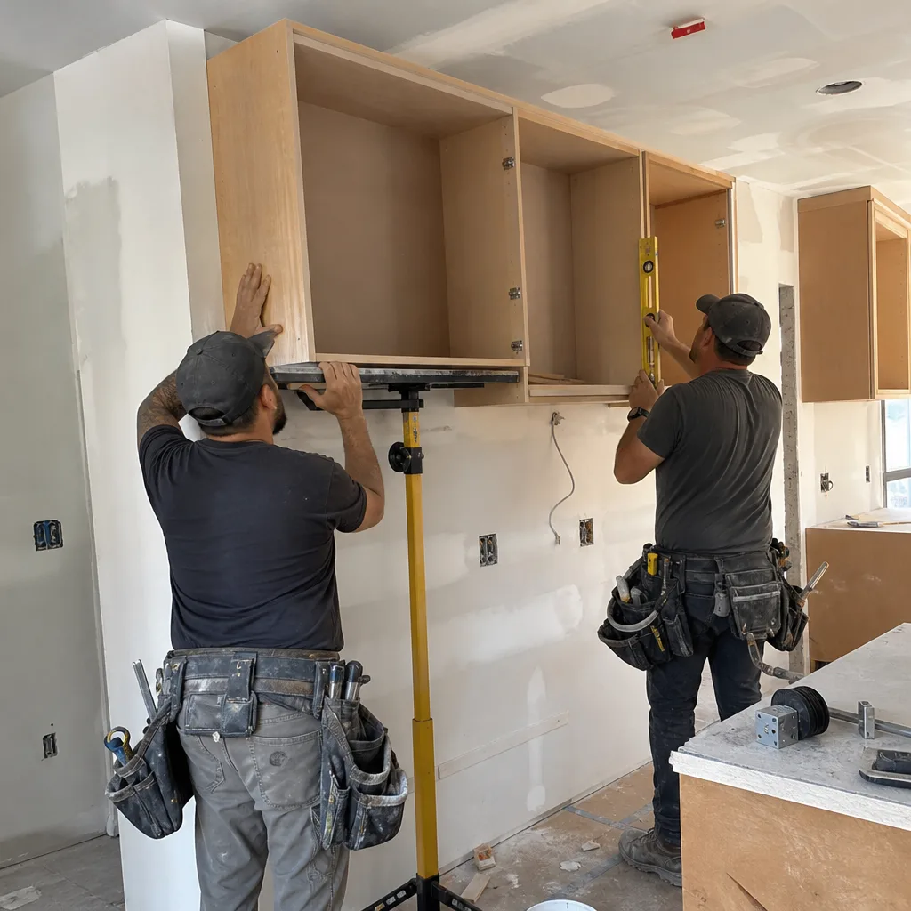 Two professional contractors installing custom kitchen wall cabinets