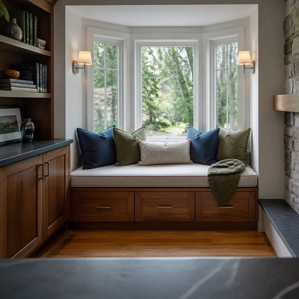 A built-in window seat in a bay window