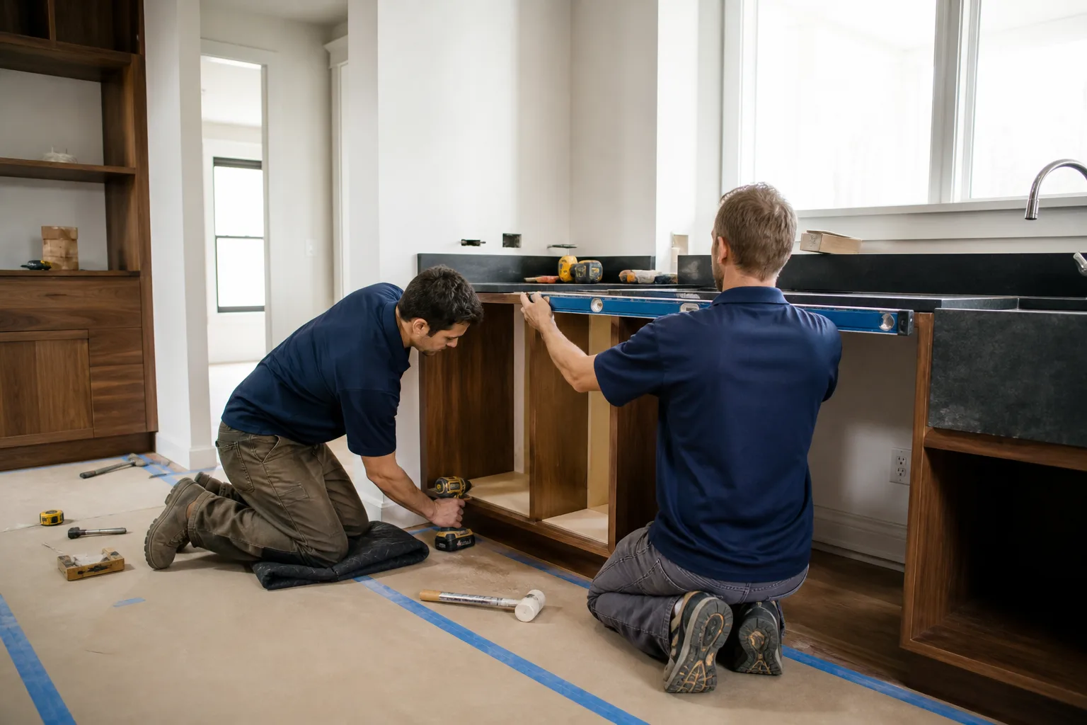 Installers leveling a new base cabinet during a kitchen remodel