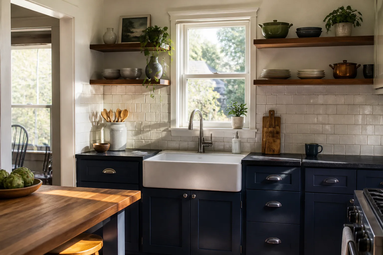A remodeled kitchen with painted cabinets and a farmhouse sink