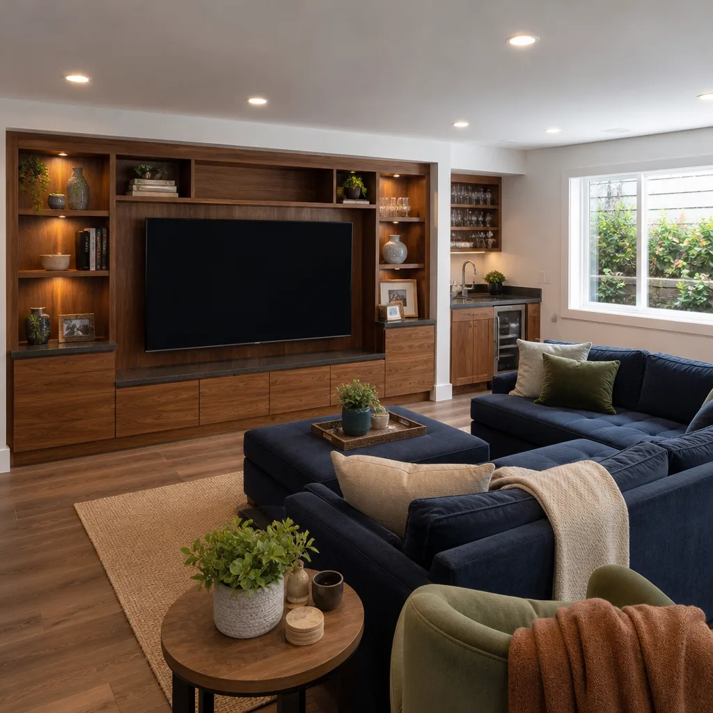 A finished basement family room with a media wall and wet bar