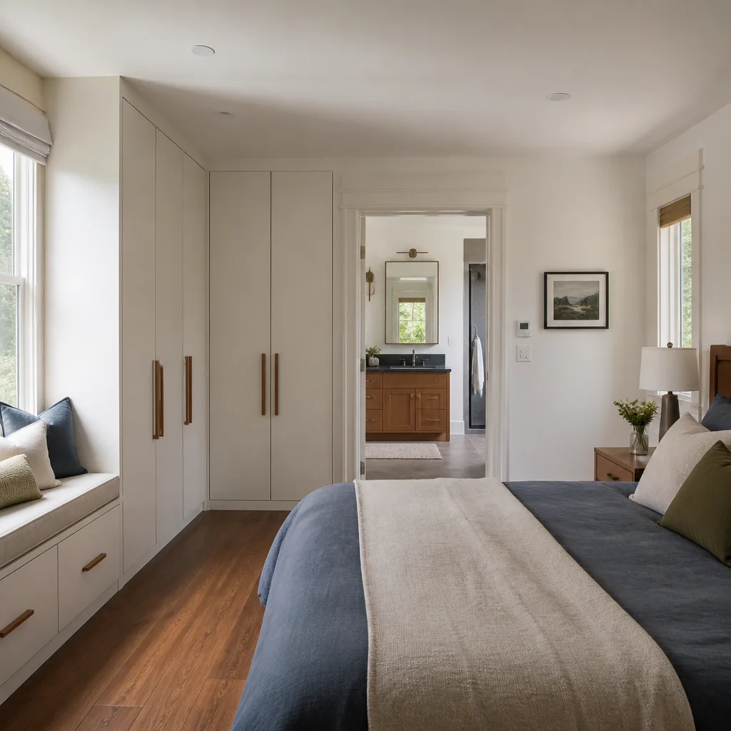 A remodeled primary suite with built-in wardrobes and a window seat